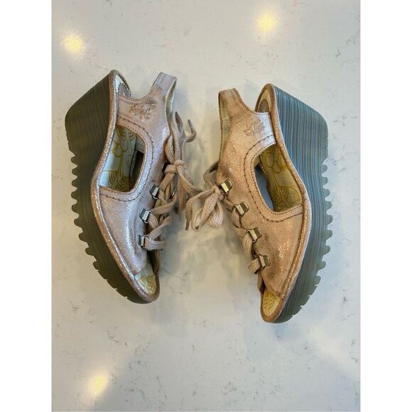 Fly London Yapi lace up rose gold wedge leather sandals size 37 - Picture 1 of 8